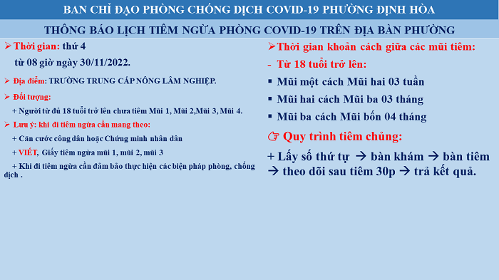 Thông báo lịch tiêm vắc xin ngày 30/11/2022